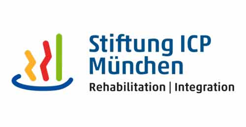 Das Logo der Stiftung ICP München, bunte Balken neben blauem Schriftzug.