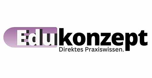 Logo von Edukonzept mit lila und schwarzem Text: "Direktes Praxiswissen".